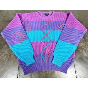 Vtg Colours By Alexander Julian HAND INTARSIA Knit Sweater Women's M Wool Blend